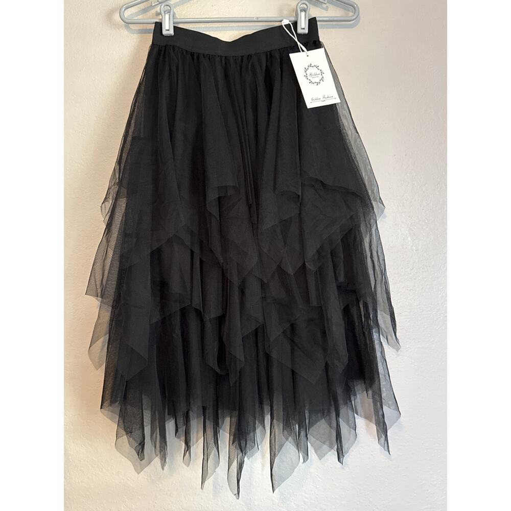 NEW Layered Black Tiered Tulle Midi Skirt Womens XS Elastic Waist Fairygoth - Picture 2 of 6